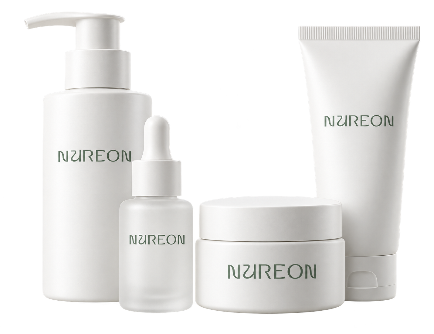 Kit ilustrativo de skincare Nureon em embalagens brancas